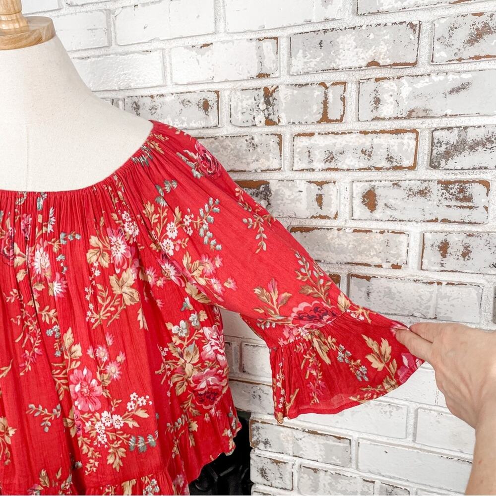 Vintage Denim & Supply Ralph Lauren Red Cotton Floral Flowy 3/4 Sleeve Top L - Picture 2 of 10